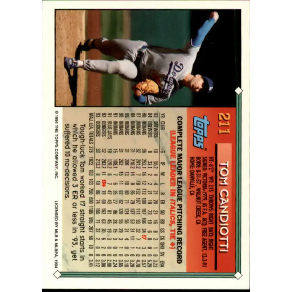 1994 Topps #211 Tom Candiotti EX Excellent Los Angeles Dodgers Baseball Card - Baseball Card Single