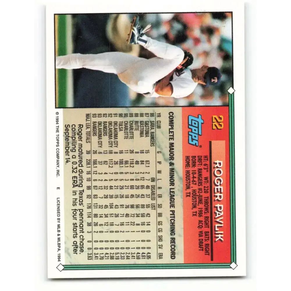 1994 Topps #22 Roger Pavlik EX Excellent Texas Rangers Baseball Card - Baseball Card Single