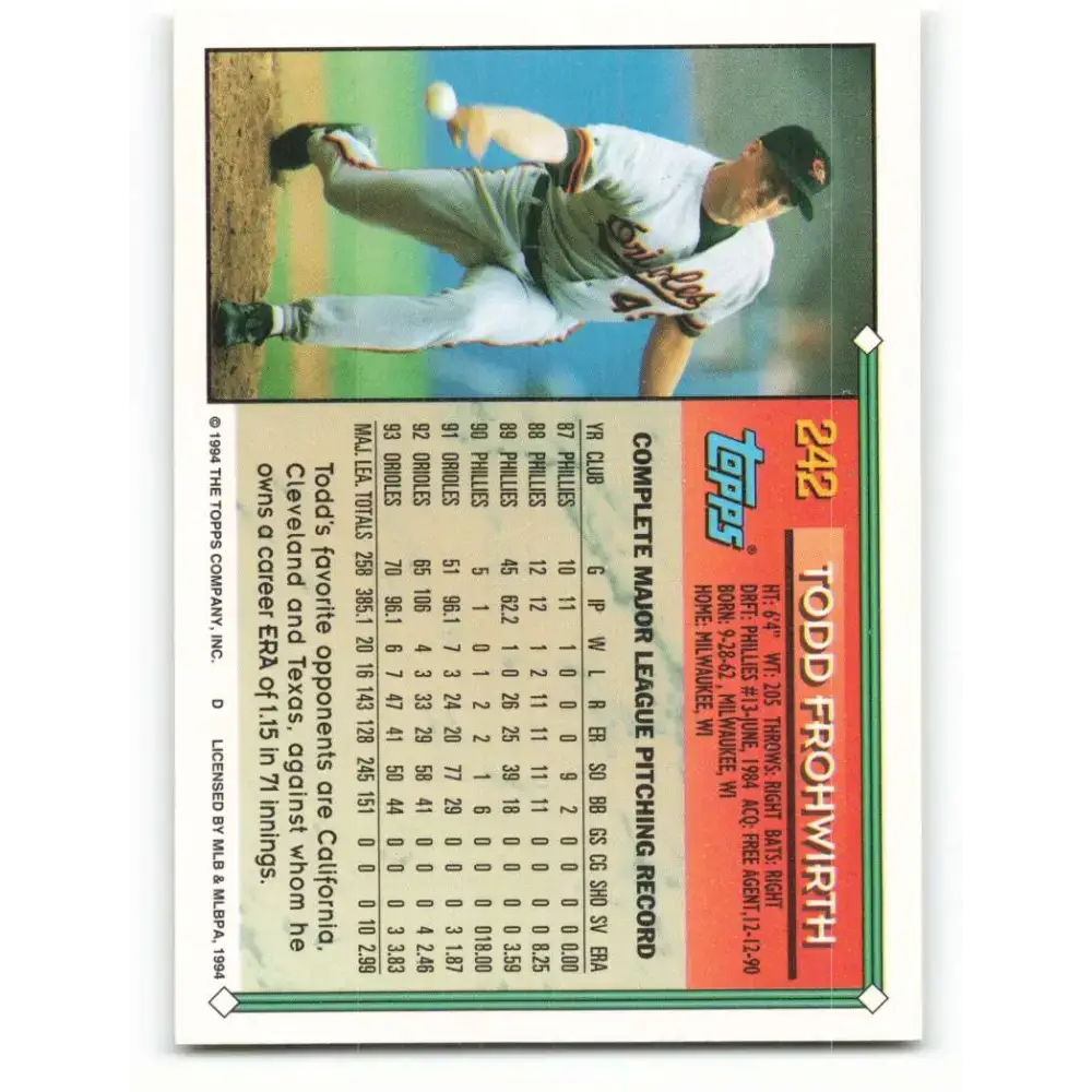 1994 Topps #242 Todd Frohwirth EX Excellent Baltimore Orioles Baseball Card - Baseball Card Single