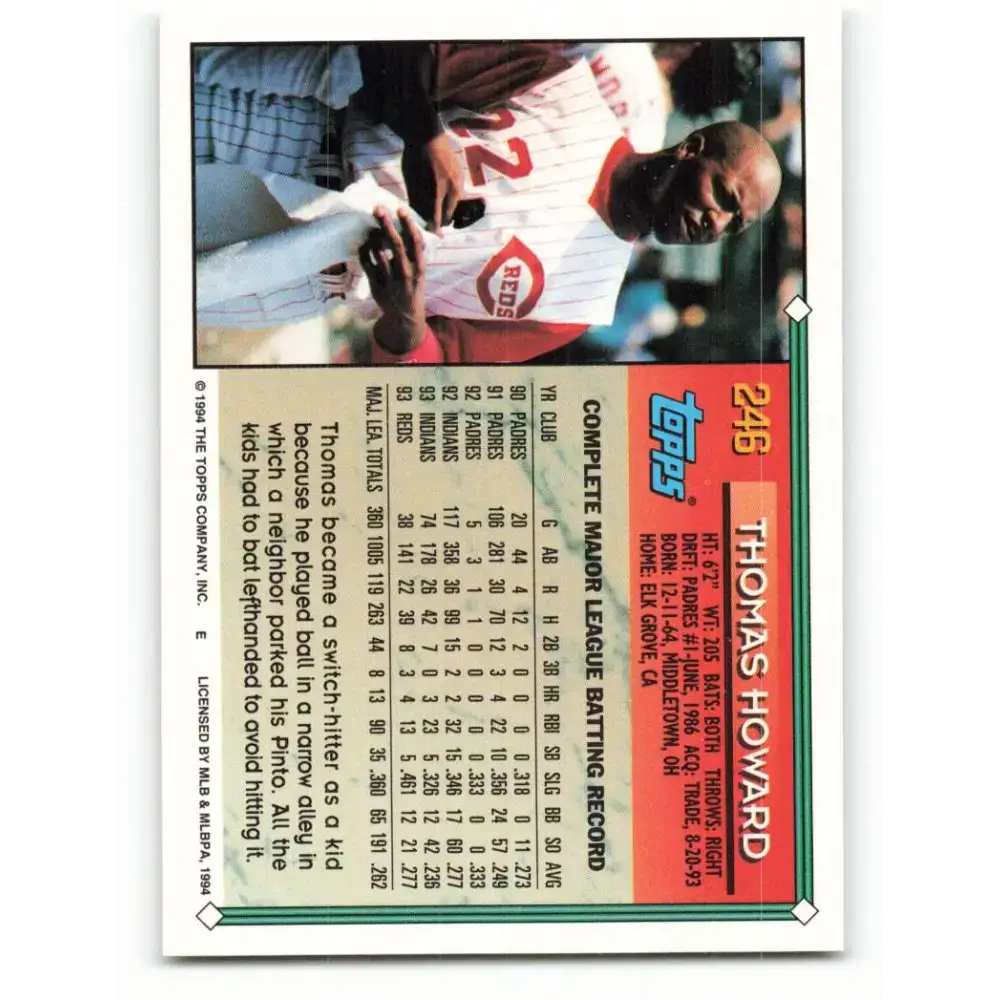 1994 Topps #246 Thomas Howard EX Excellent Cincinnati Reds Baseball Card - Baseball Card Single