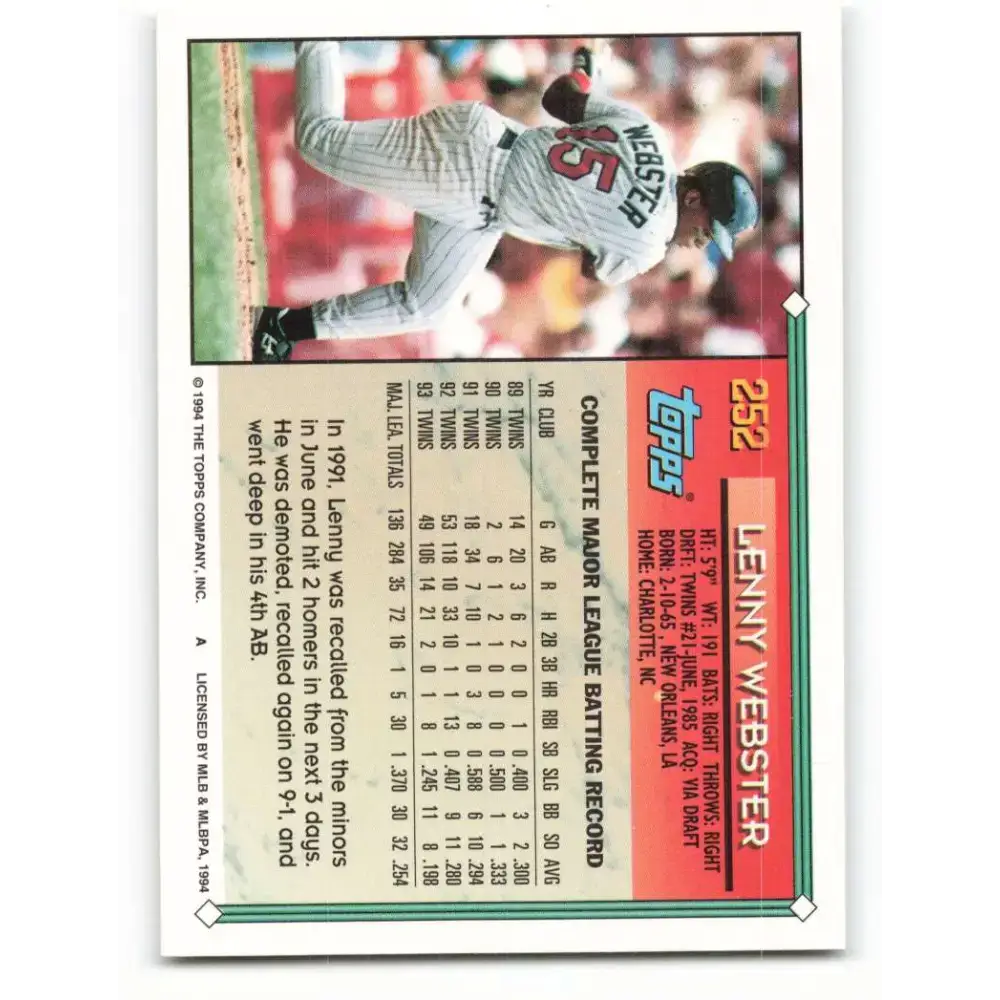 1994 Topps #252 Lenny Webster EX Excellent Minnesota Twins Baseball Card - Baseball Card Single