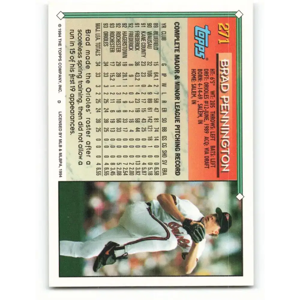 1994 Topps #271 Brad Pennington EX Excellent Baltimore Orioles Baseball Card - Baseball Card Single