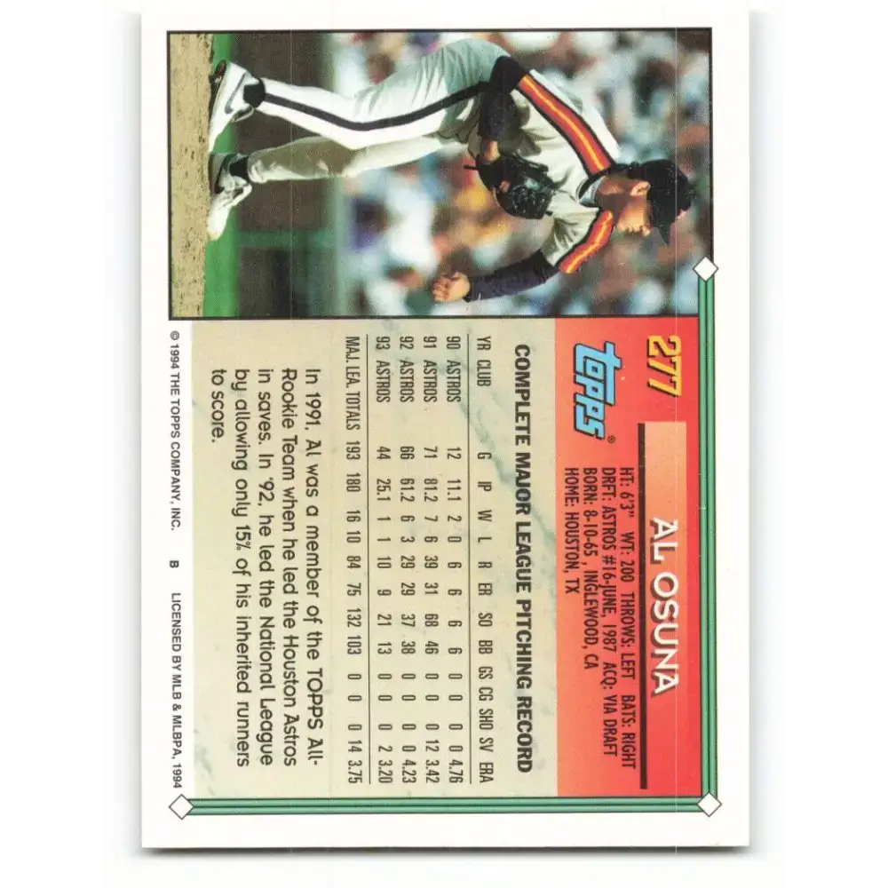 1994 Topps #277 Al Osuna EX Excellent Houston Astros Baseball Card - Baseball Card Single