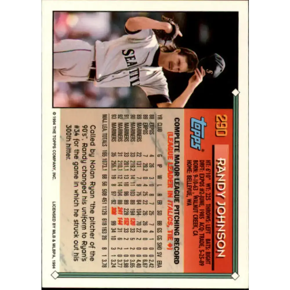 1994 Topps #290 Randy Johnson EX Excellent Seattle Mariners Baseball Card - Baseball Card Single