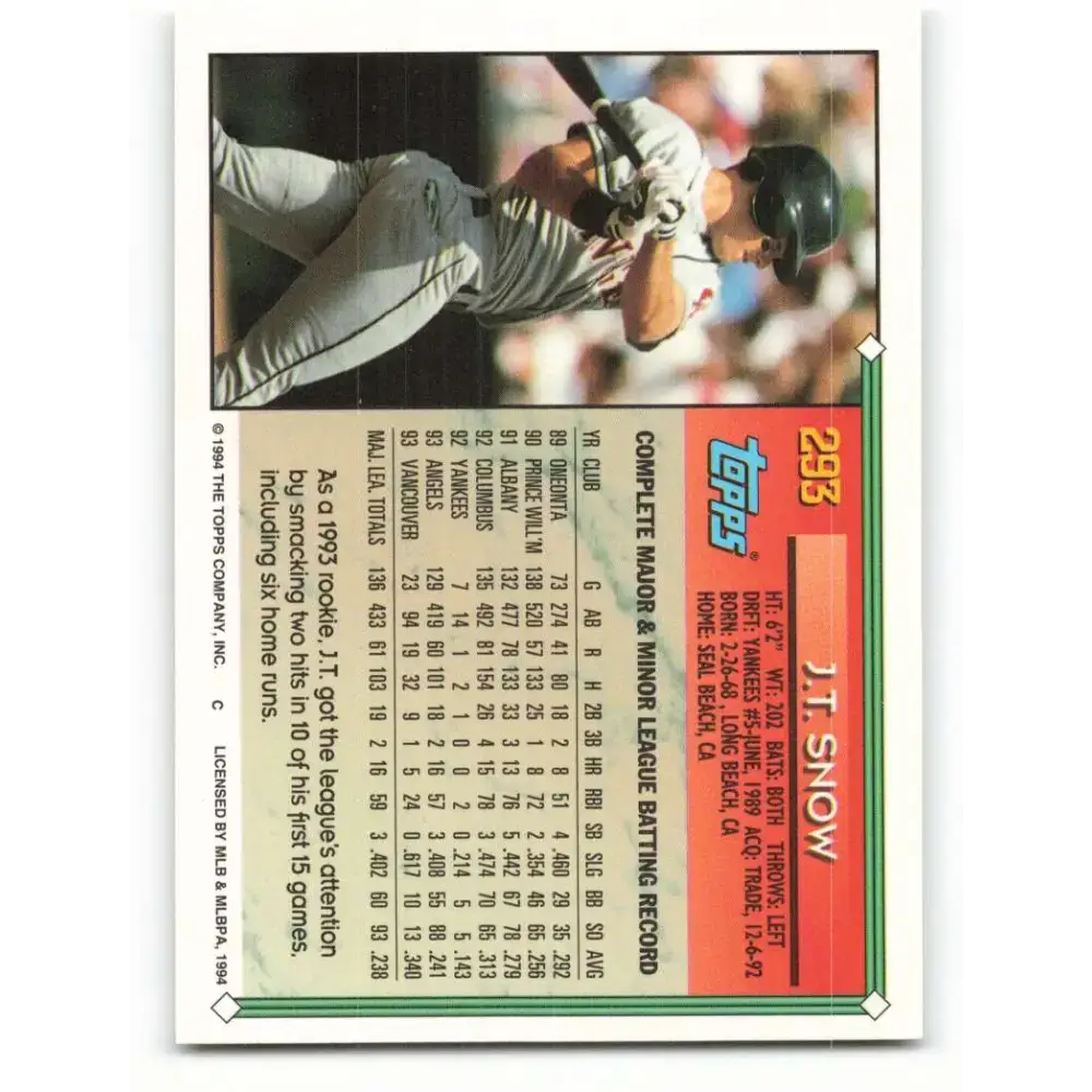 1994 Topps #293 J.T. Snow EX Excellent California Angels Baseball Card - Baseball Card Single