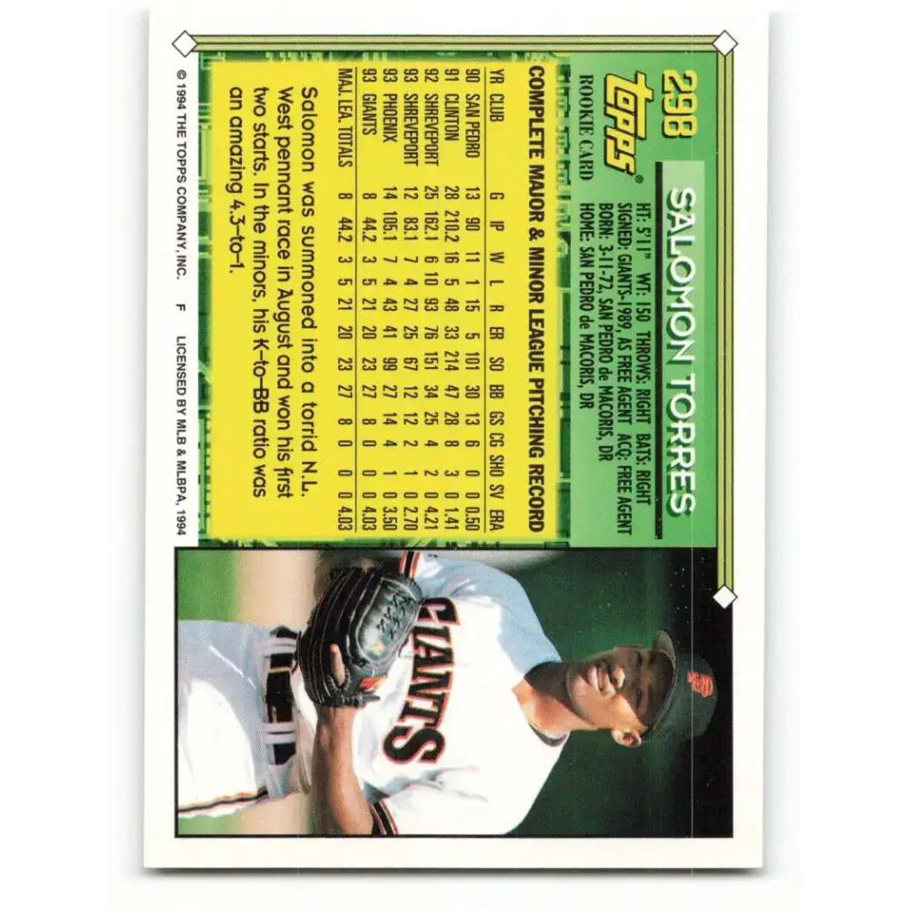 1994 Topps #298 Salomon Torres EX Excellent San Francisco Giants Baseball Card - Baseball Card Single