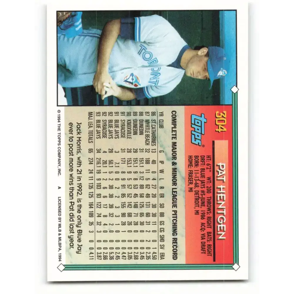 1994 Topps #304 Pat Hentgen EX Excellent Toronto Blue Jays Baseball Card - Baseball Card Single