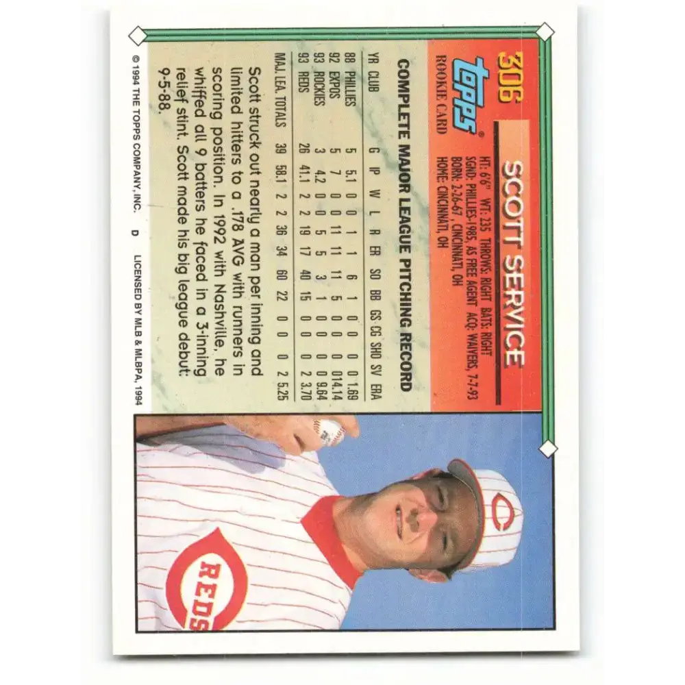 1994 Topps #306 Scott Service EX Excellent Cincinnati Reds Baseball Card - Baseball Card Single