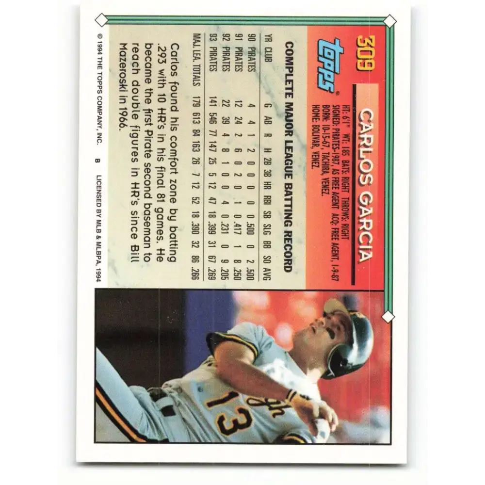 1994 Topps #309 Carlos Garcia EX Excellent Pittsburgh Pirates Baseball Card - Baseball Card Single