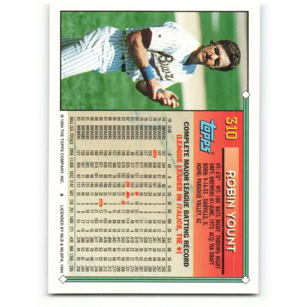 1994 Topps #310 Robin Yount EX Excellent Milwaukee Brewers Baseball Card - Baseball Card Single