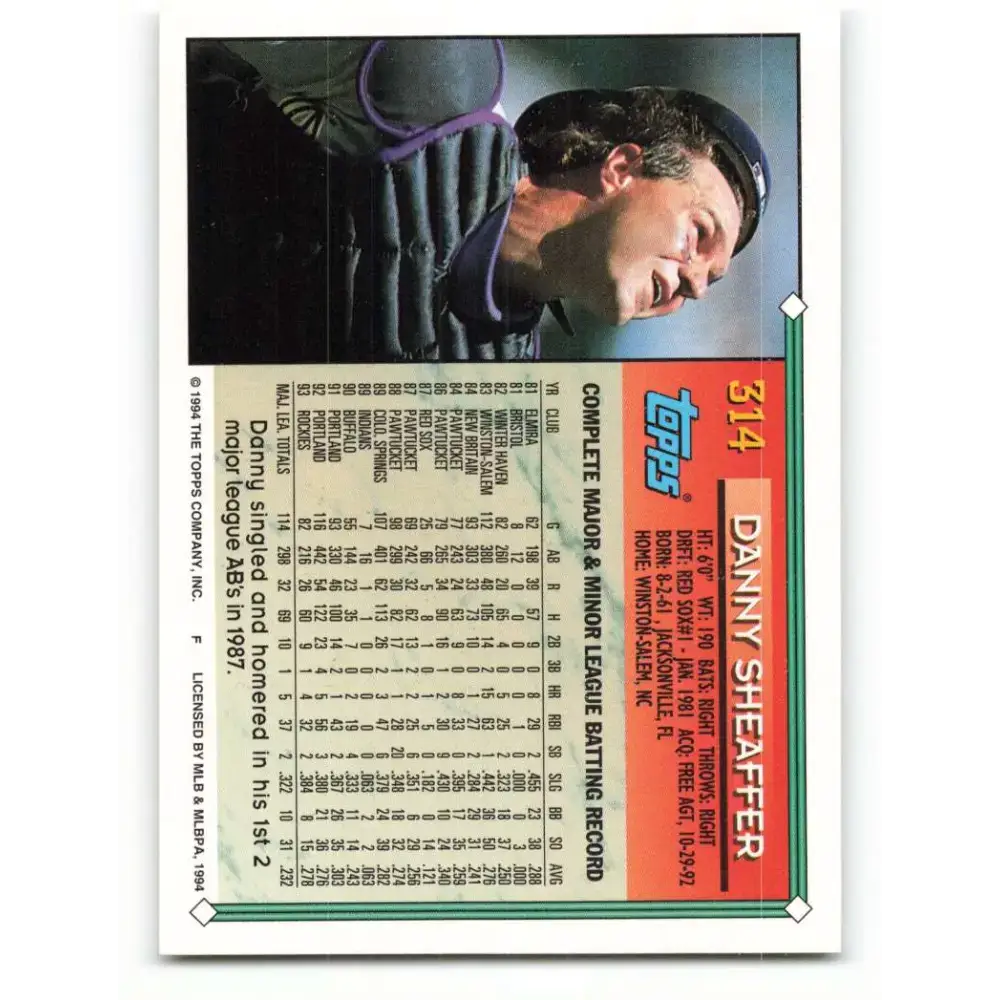 1994 Topps #314 Danny Sheaffer EX Excellent Colorado Rockies Baseball Card - Baseball Card Single