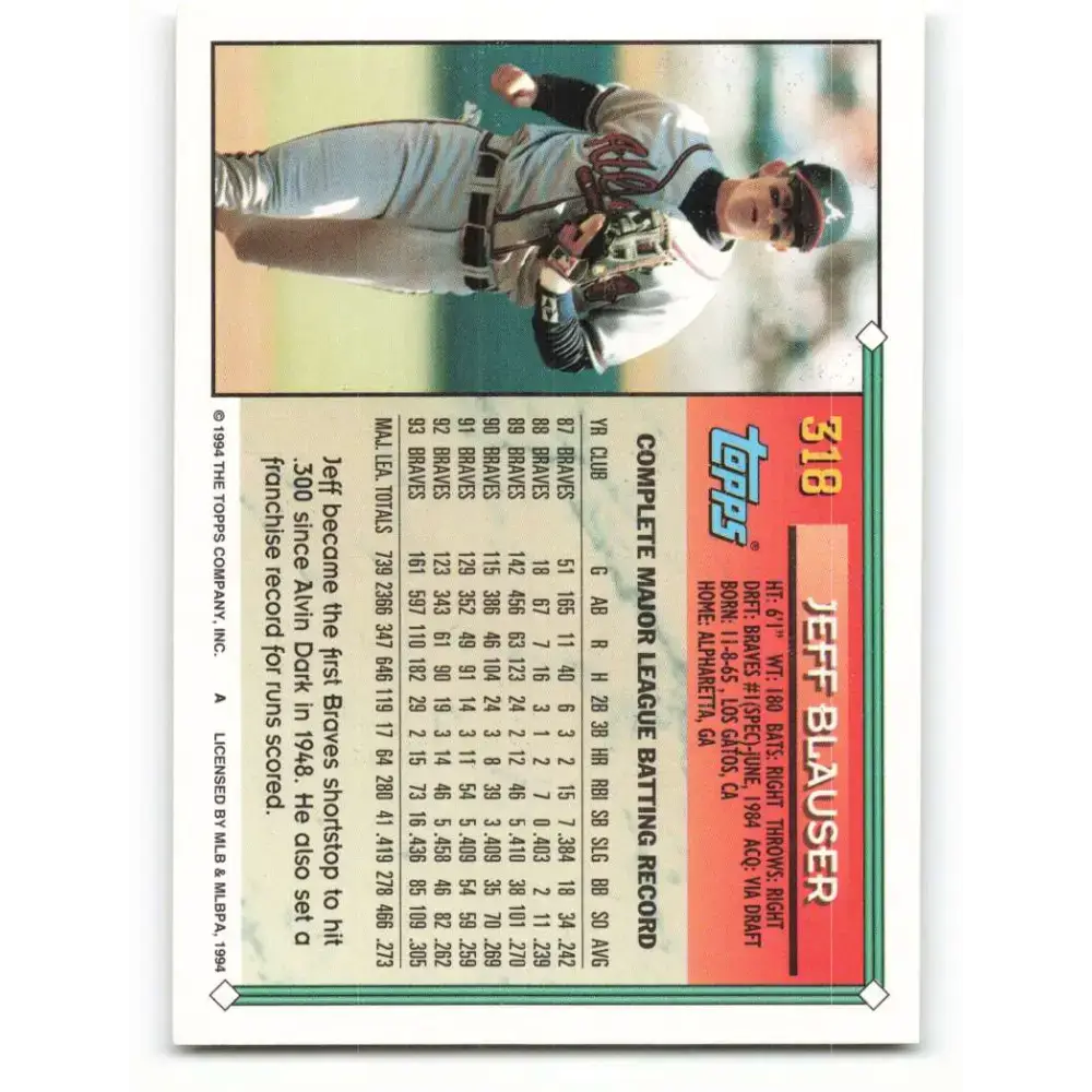 1994 Topps #318 Jeff Blauser EX Excellent Atlanta Braves Baseball Card - Baseball Card Single