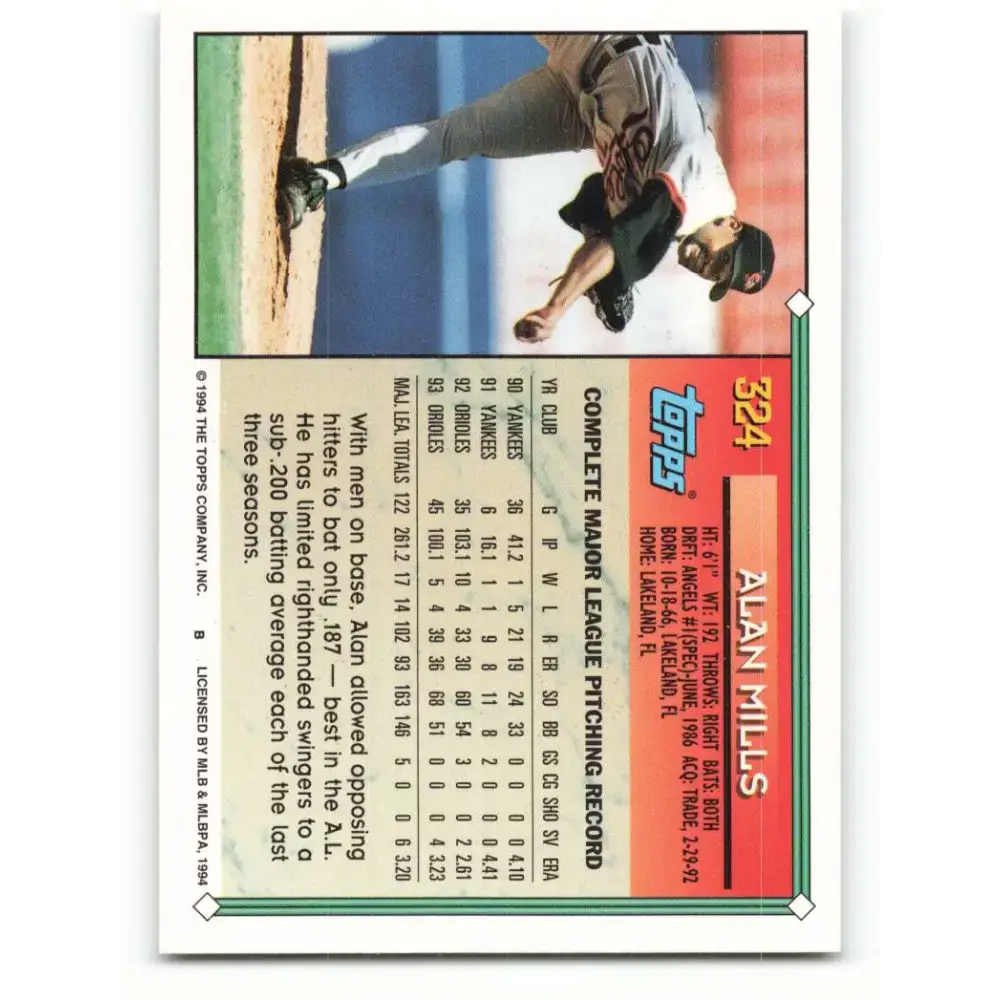 1994 Topps #324 Alan Mills EX Excellent Baltimore Orioles Baseball Card - Baseball Card Single