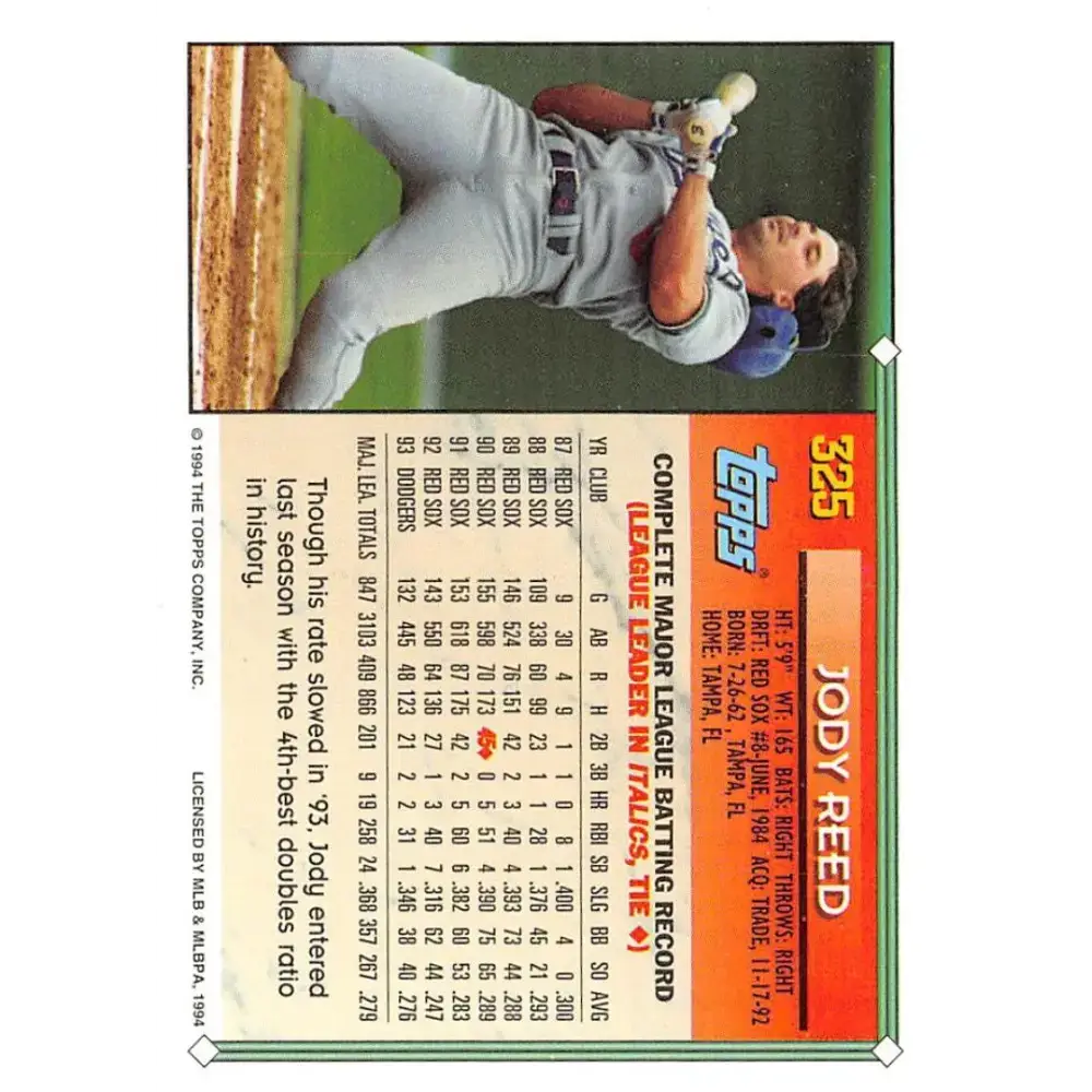 1994 Topps #325 Jody Reed EX Excellent Los Angeles Dodgers Baseball Card - Baseball Card Single