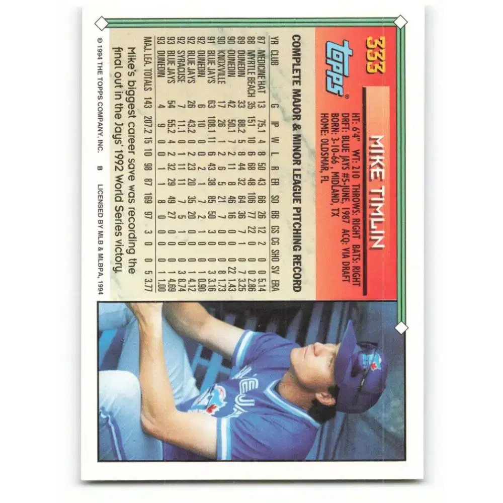 1994 Topps #333 Mike Timlin EX Excellent Toronto Blue Jays Baseball Card - Baseball Card Single