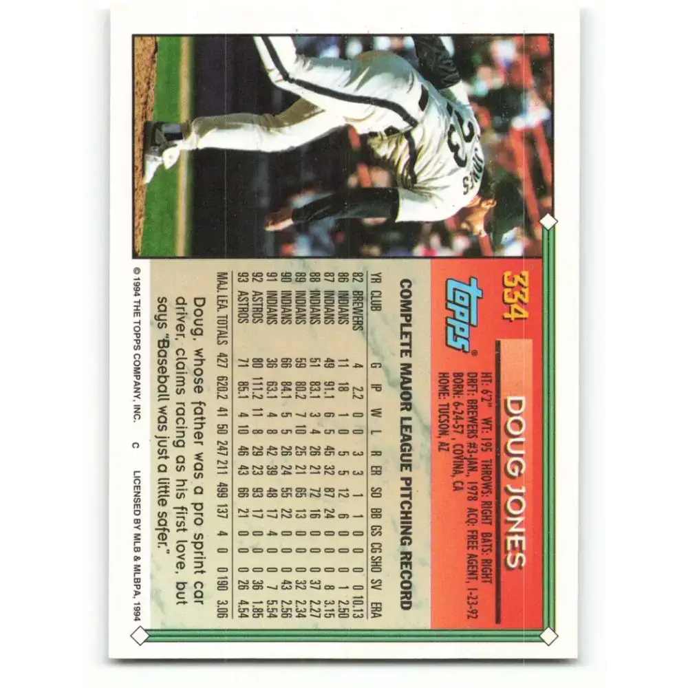 1994 Topps #334 Doug Jones EX Excellent Houston Astros Baseball Card - Baseball Card Single