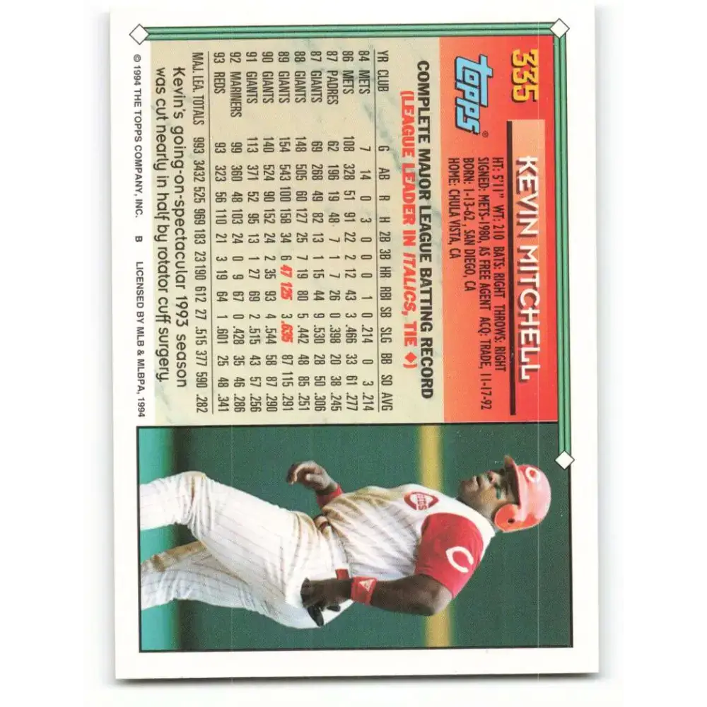 1994 Topps #335 Kevin Mitchell EX Excellent Cincinnati Reds Baseball Card - Baseball Card Single
