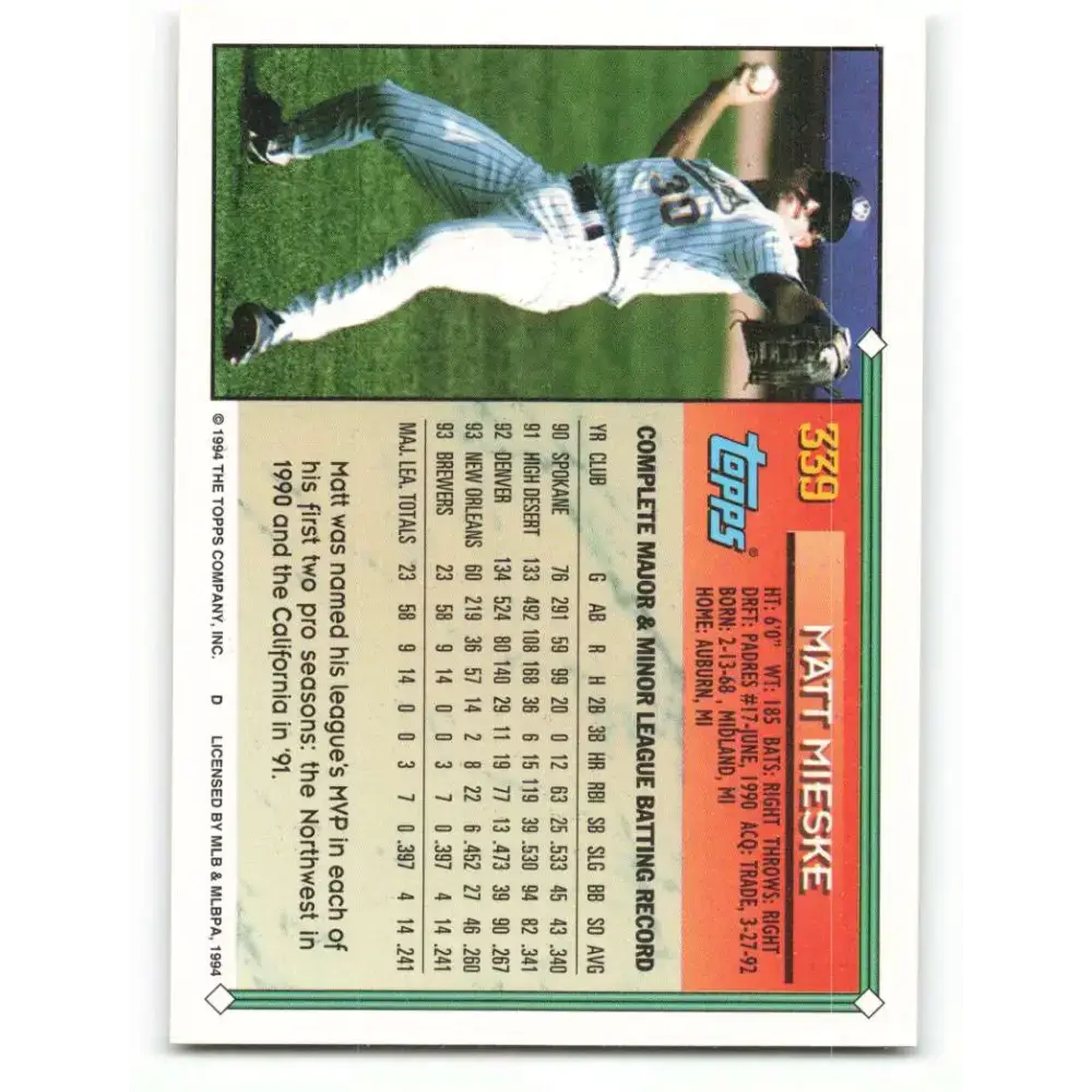 1994 Topps #339 Matt Mieske EX Excellent Milwaukee Brewers Baseball Card - Baseball Card Single