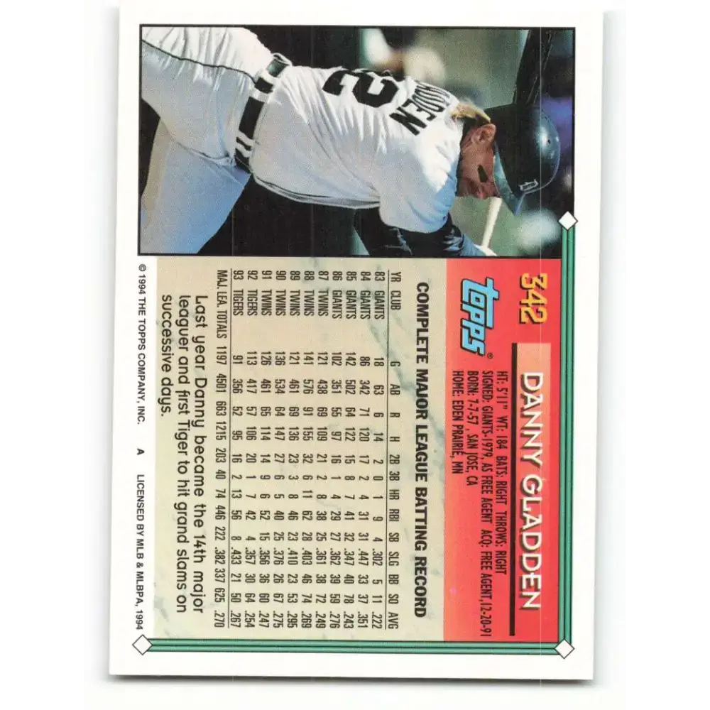 1994 Topps #342 Dan Gladden EX Excellent Detroit Tigers Baseball Card - Baseball Card Single