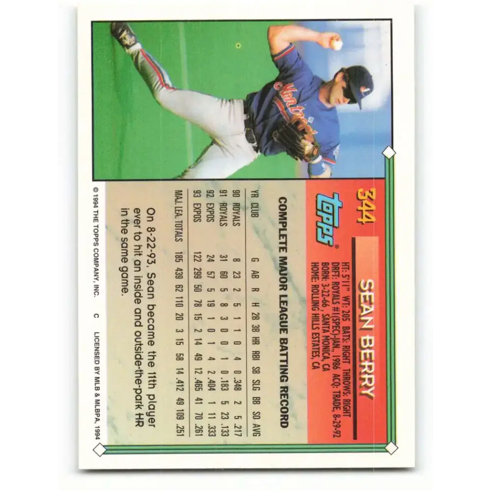 1994 Topps #344 Sean Berry EX Excellent Montreal Expos Baseball Card - Baseball Card Single