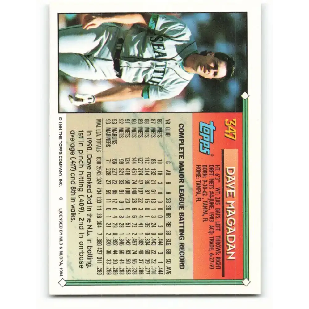 1994 Topps #347 Dave Magadan EX Excellent Seattle Mariners Baseball Card - Baseball Card Single