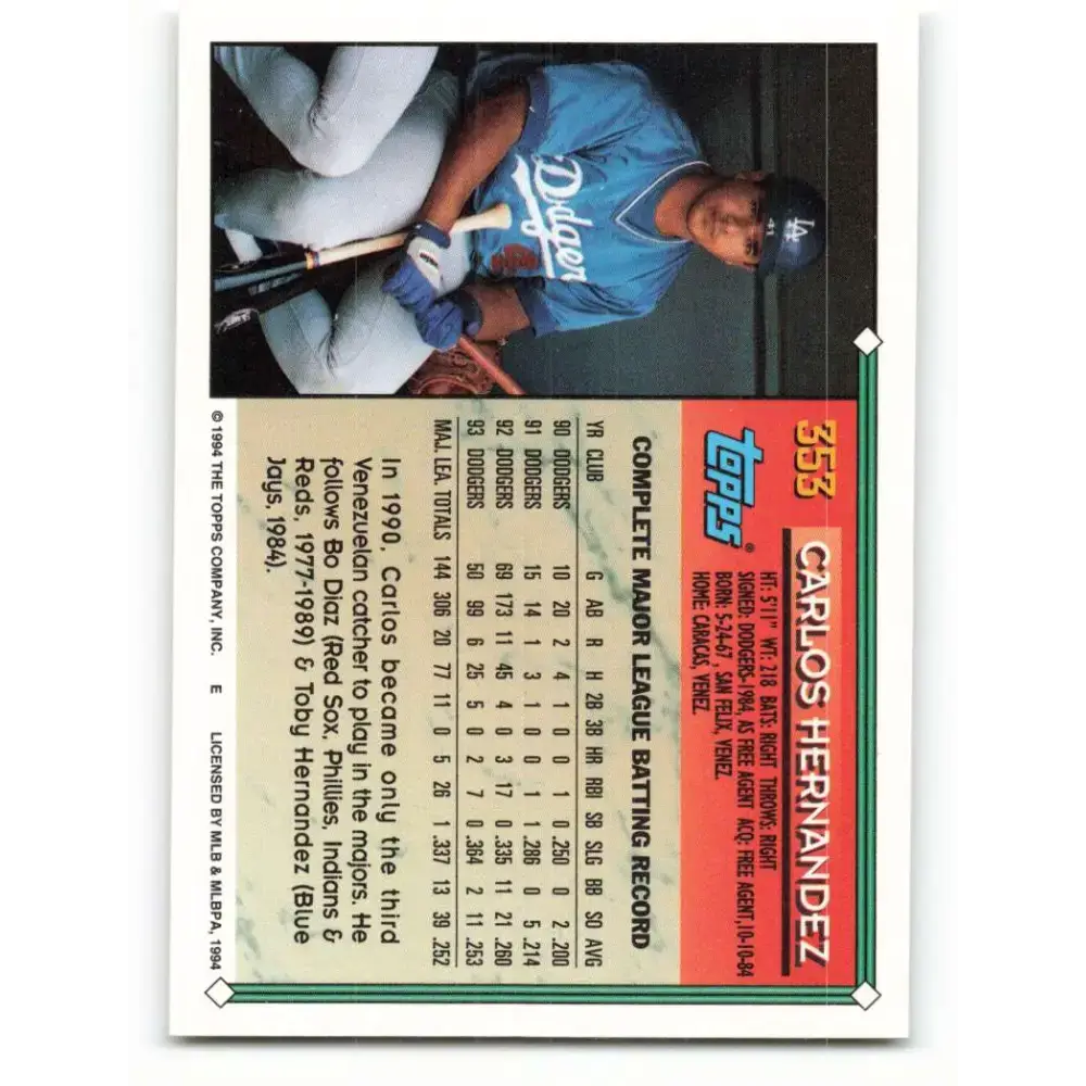 1994 Topps #353 Carlos Hernandez EX Excellent Los Angeles Dodgers Baseball Card - Baseball Card Single
