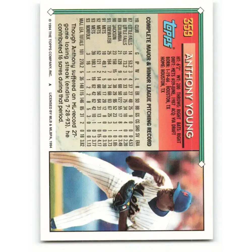 1994 Topps #359 Anthony Young EX Excellent New York Mets Baseball Card - Baseball Card Single