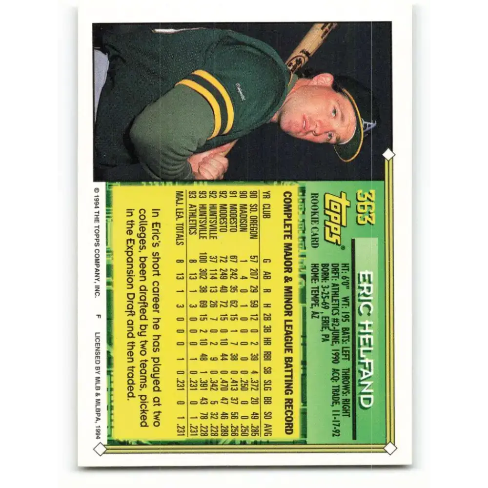 1994 Topps #363 Eric Helfand EX Excellent RC Rookie Oakland Athletics Baseball Card - Baseball Card Single