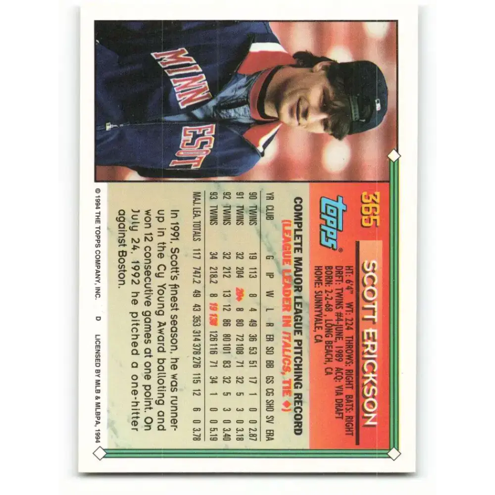 1994 Topps #365 Scott Erickson EX Excellent Minnesota Twins Baseball Card - Baseball Card Single