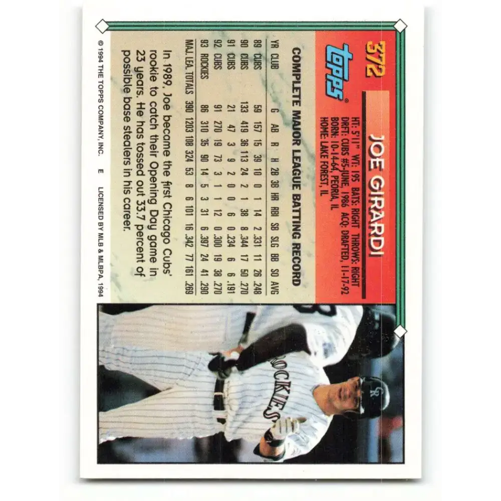 1994 Topps #372 Joe Girardi EX Excellent Colorado Rockies Baseball Card - Baseball Card Single