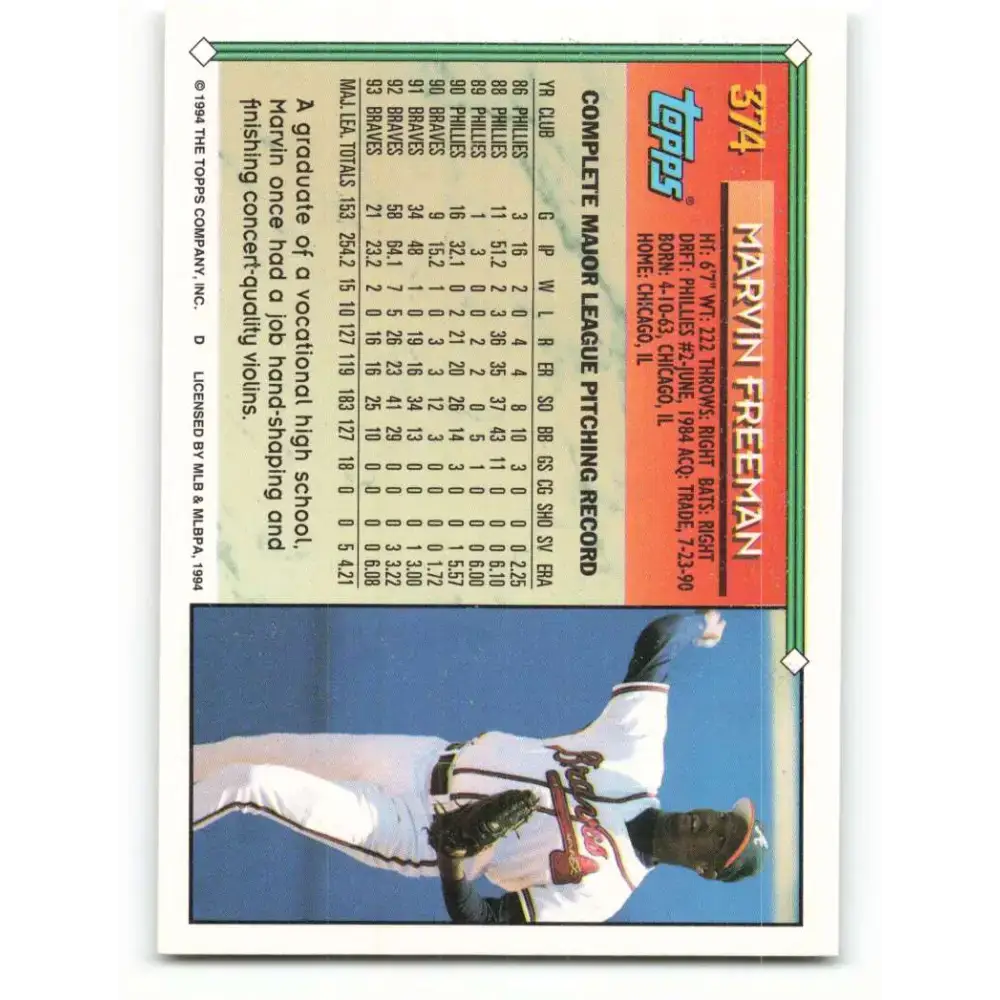 1994 Topps #374 Marvin Freeman EX Excellent Atlanta Braves Baseball Card - Baseball Card Single