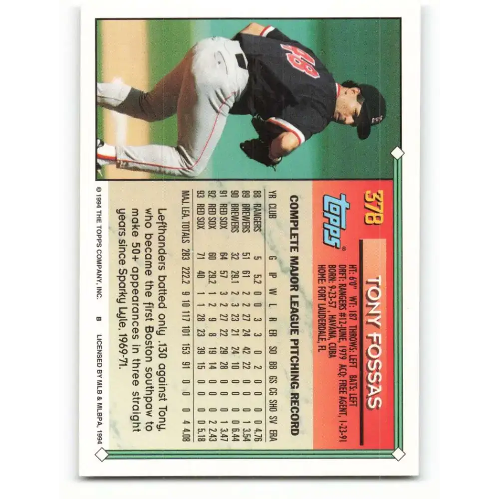1994 Topps #378 Tony Fossas EX Excellent Boston Red Sox Baseball Card - Baseball Card Single