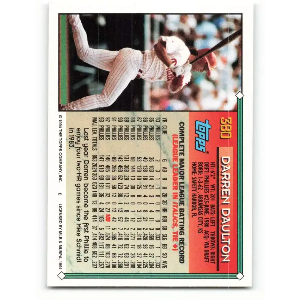 1994 Topps #380 Darren Daulton EX Excellent Philadelphia Phillies Baseball Card - Baseball Card Single