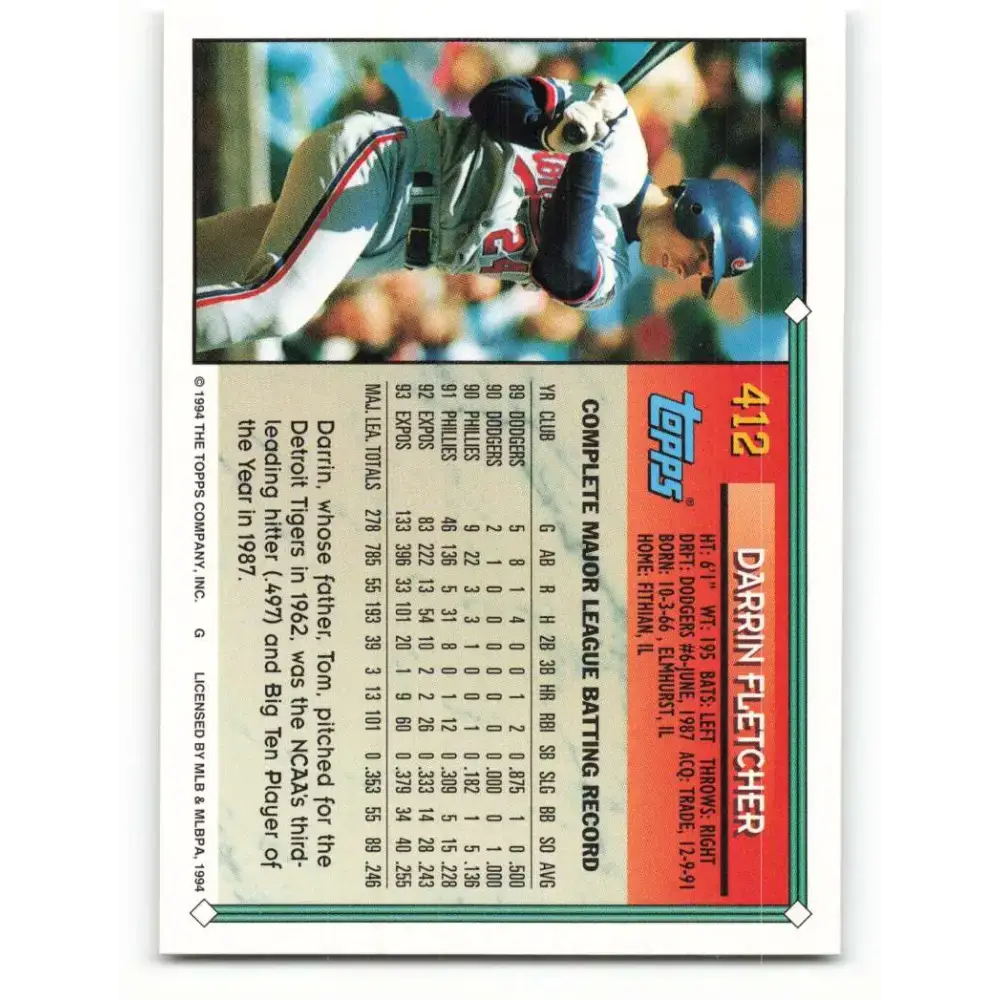 1994 Topps #412 Darrin Fletcher EX Excellent Montreal Expos Baseball Card - Baseball Card Single