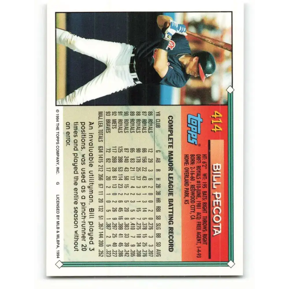 1994 Topps #414 Bill Pecota EX Excellent Atlanta Braves Baseball Card - Baseball Card Single