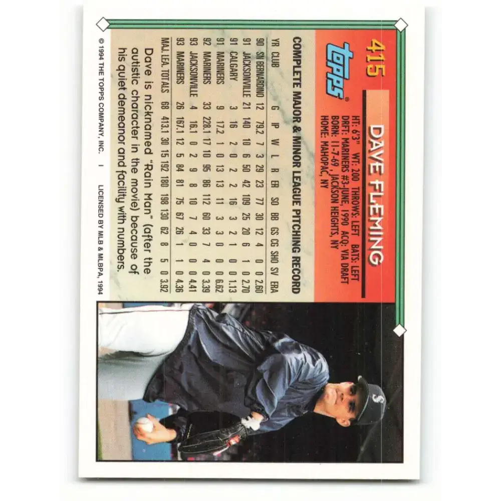 1994 Topps #415 Dave Fleming EX Excellent Seattle Mariners Baseball Card - Baseball Card Single