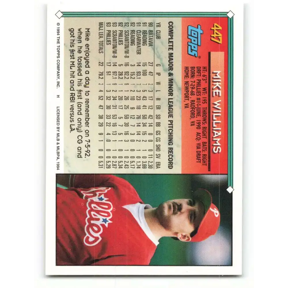 1994 Topps #447 Mike Williams EX Excellent Philadelphia Phillies Baseball Card - Baseball Card Single