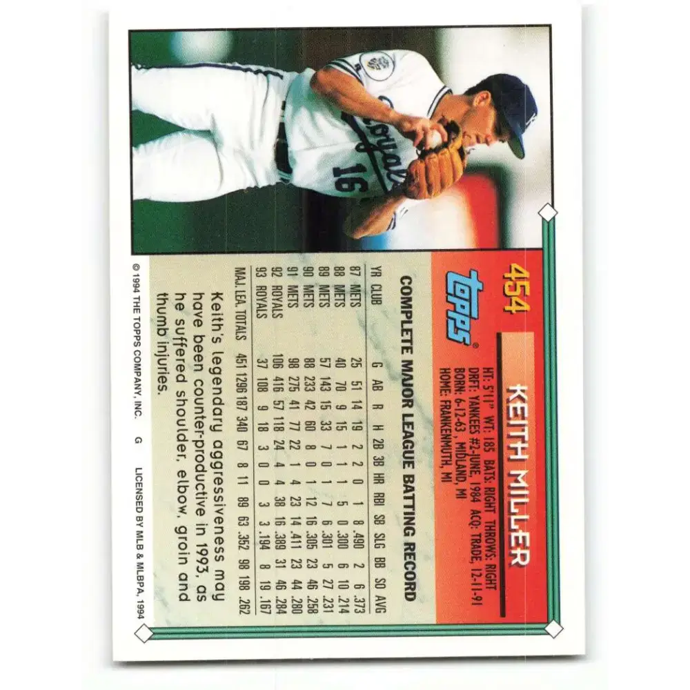 1994 Topps #454 Keith Miller EX Excellent Kansas City Royals Baseball Card - Baseball Card Single
