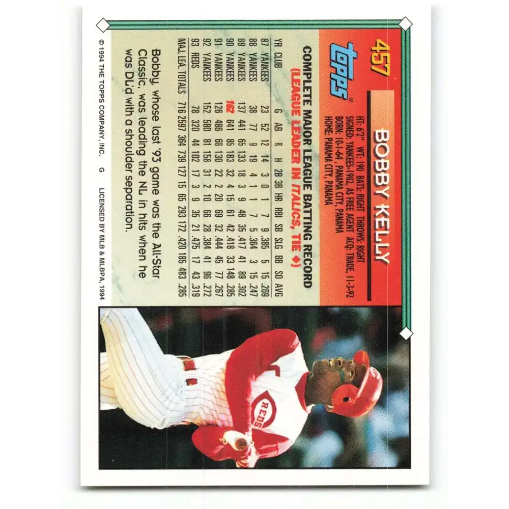 1994 Topps #457 Roberto Kelly EX Excellent Cincinnati Reds Baseball Card - Baseball Card Single