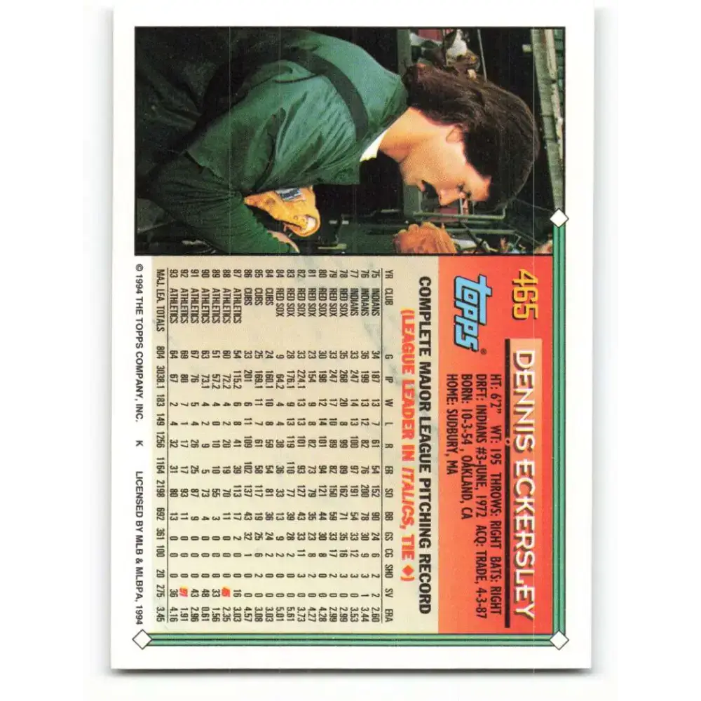 1994 Topps #465 Dennis Eckersley EX Excellent Oakland Athletics Baseball Card - Baseball Card Single