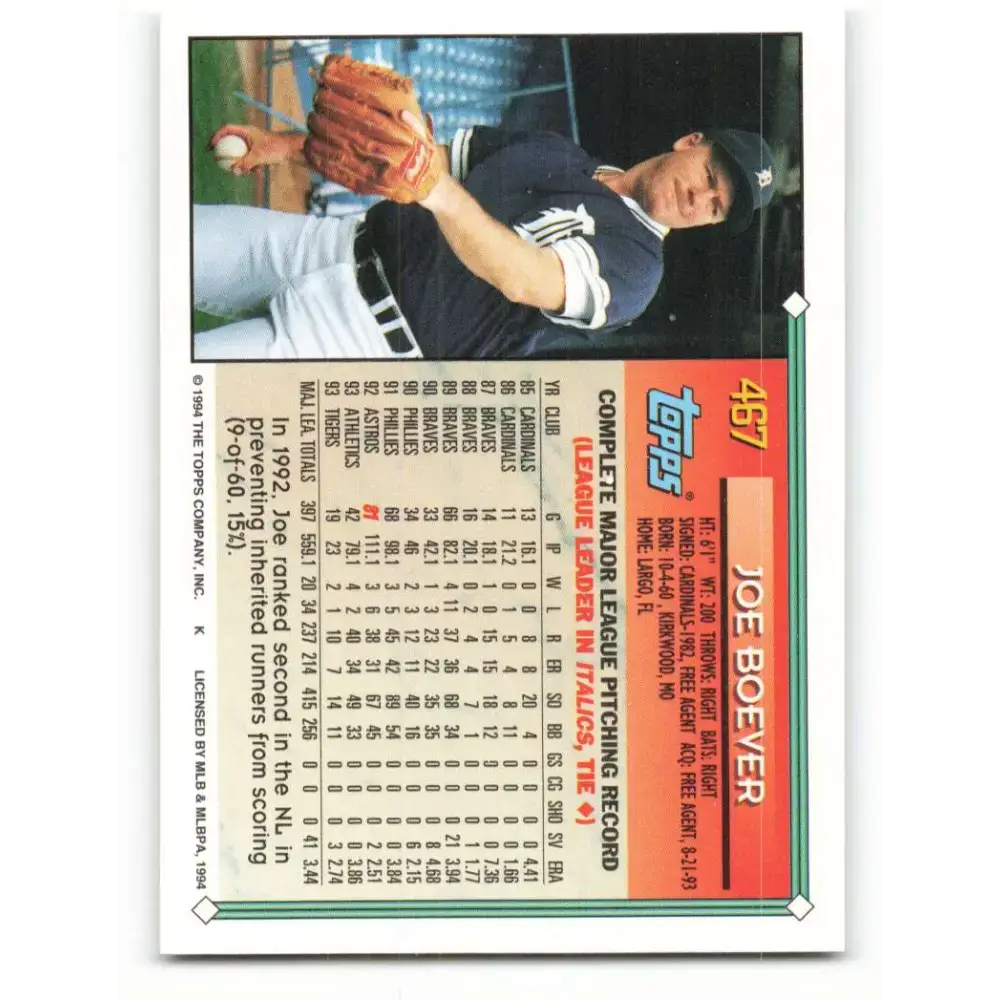 1994 Topps #467 Joe Boever EX Excellent Detroit Tigers Baseball Card - Baseball Card Single