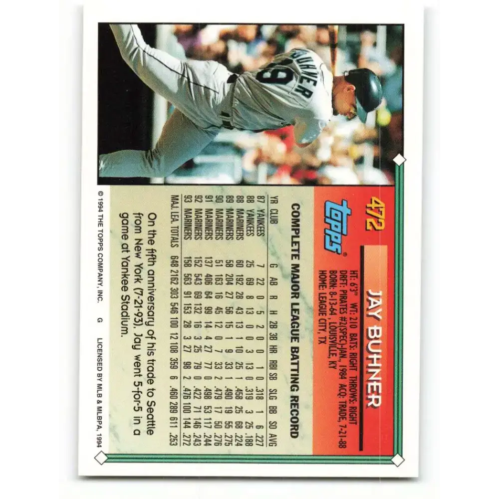 1994 Topps #472 Jay Buhner EX Excellent Seattle Mariners Baseball Card - Baseball Card Single