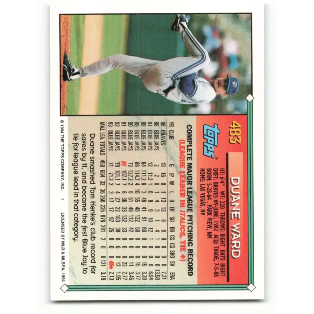 1994 Topps #483 Duane Ward EX Excellent Toronto Blue Jays Baseball Card - Baseball Card Single