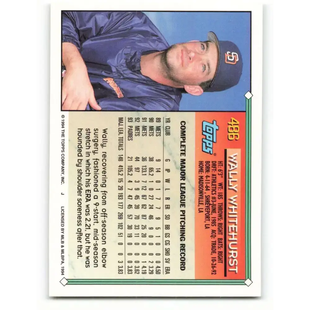 1994 Topps #486 Wally Whitehurst EX Excellent San Diego Padres Baseball Card - Baseball Card Single