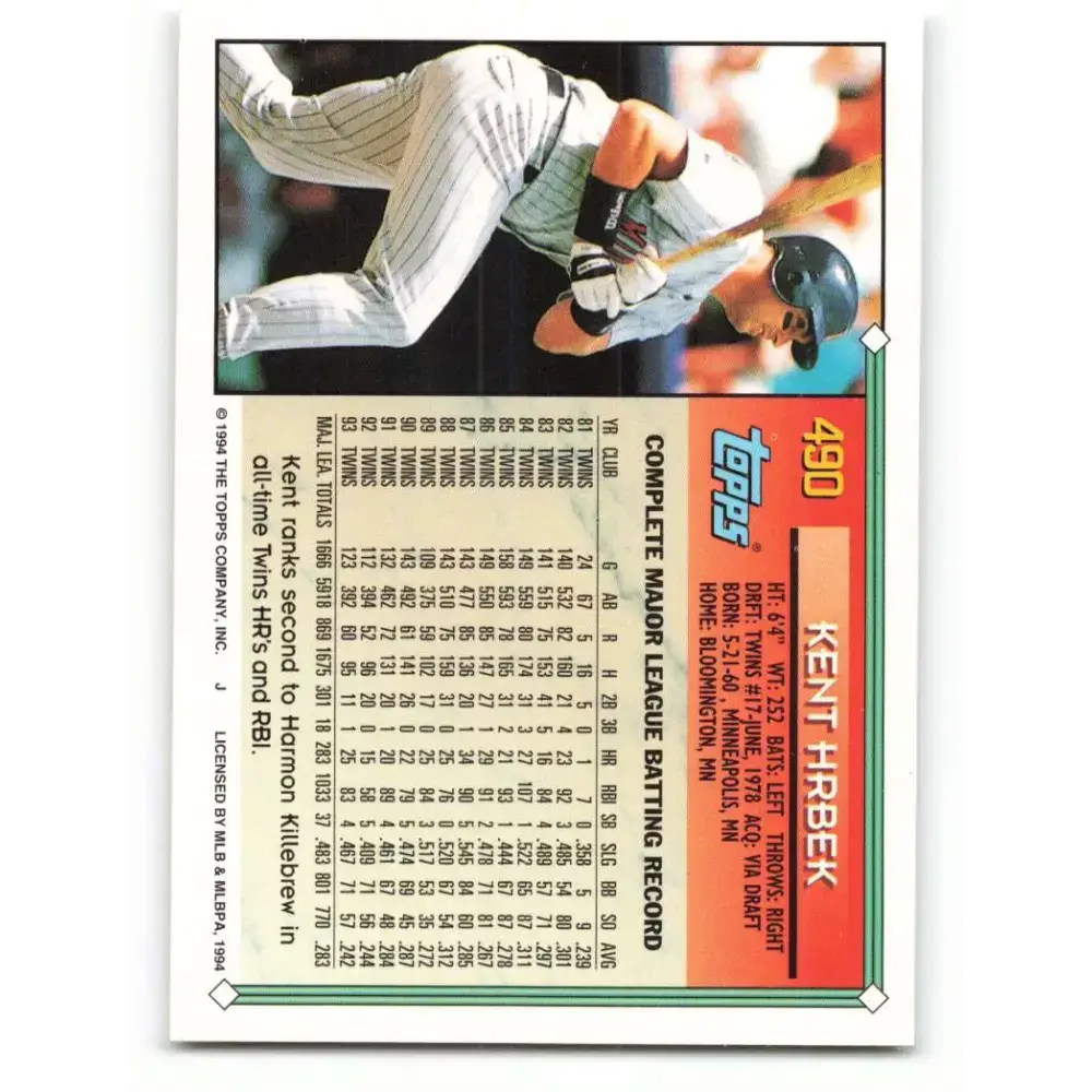 1994 Topps #490 Kent Hrbek EX Excellent Minnesota Twins Baseball Card - Baseball Card Single