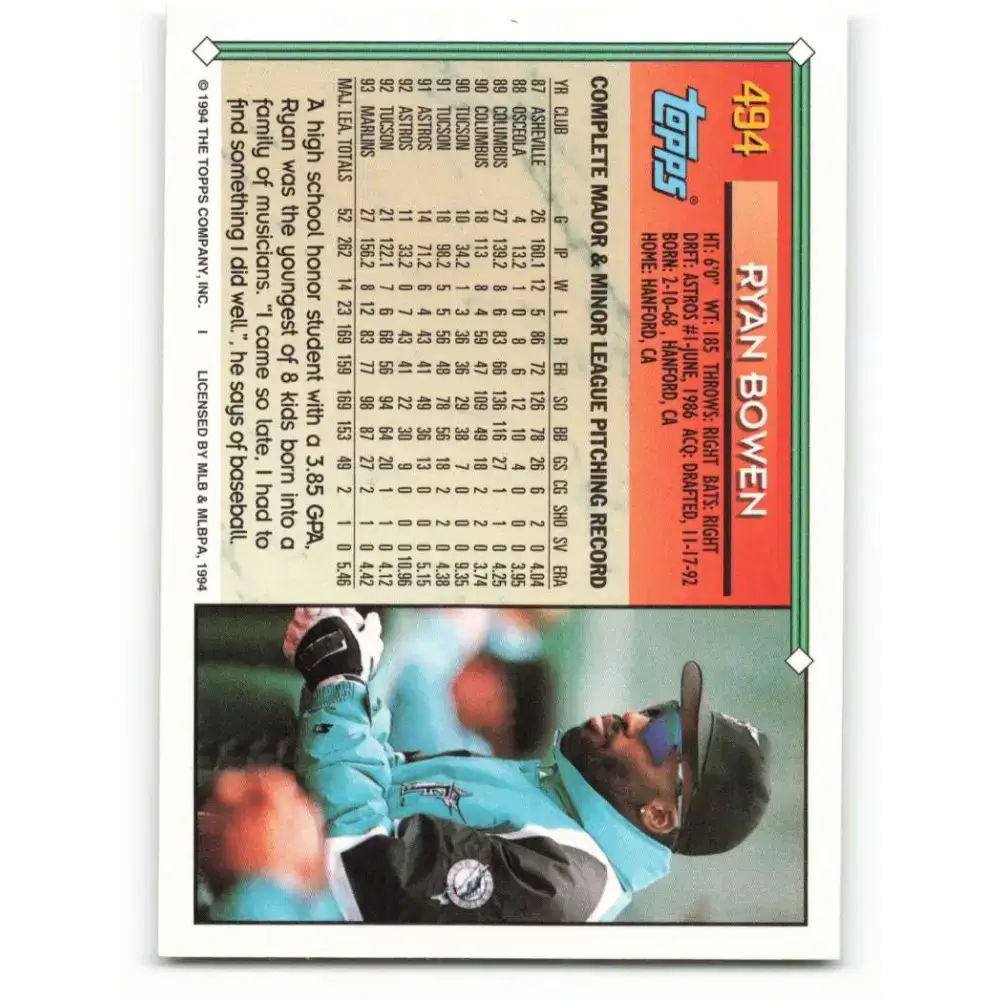 1994 Topps #494 Ryan Bowen EX Excellent Florida Marlins Baseball Card - Baseball Card Single
