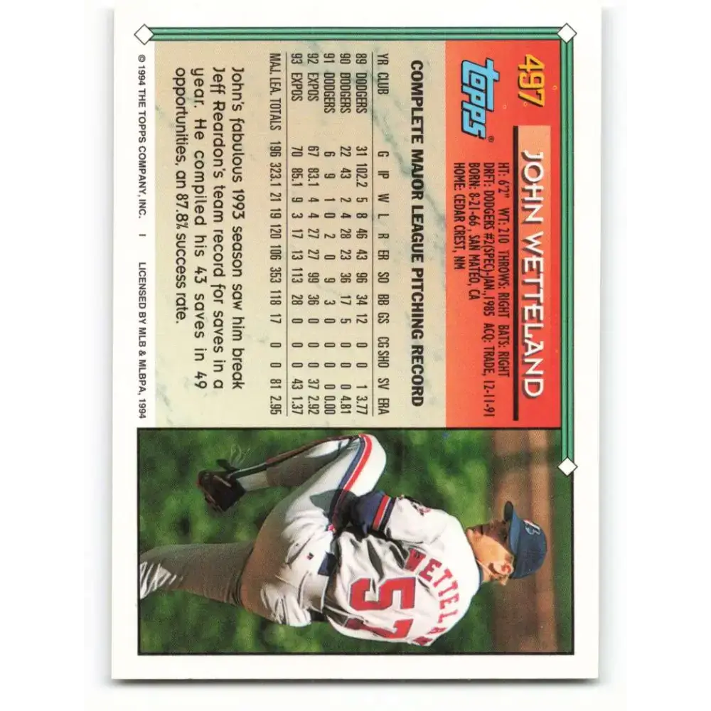 1994 Topps #497 John Wetteland EX Excellent Montreal Expos Baseball Card - Baseball Card Single