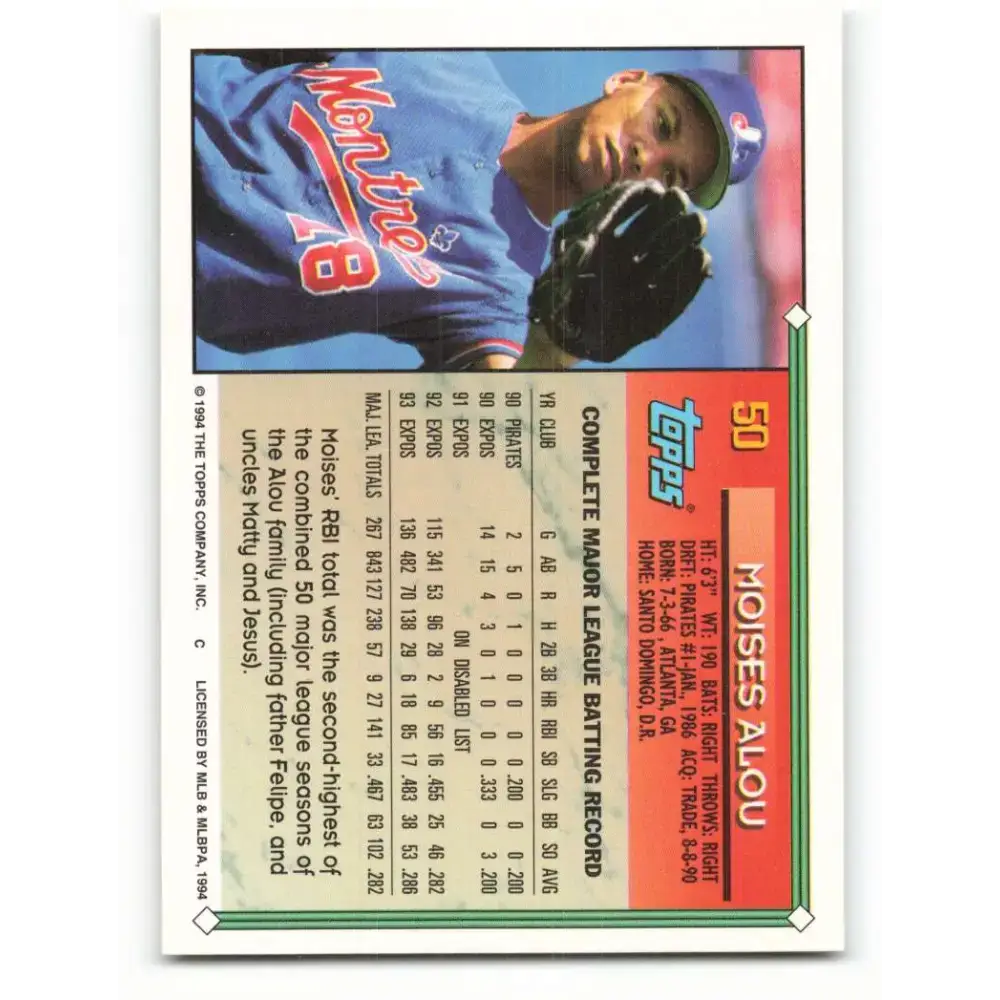 1994 Topps #50 Moises Alou EX Excellent Montreal Expos Baseball Card - Baseball Card Single