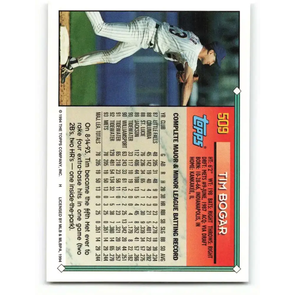 1994 Topps #509 Tim Bogar EX Excellent New York Mets Baseball Card - Baseball Card Single
