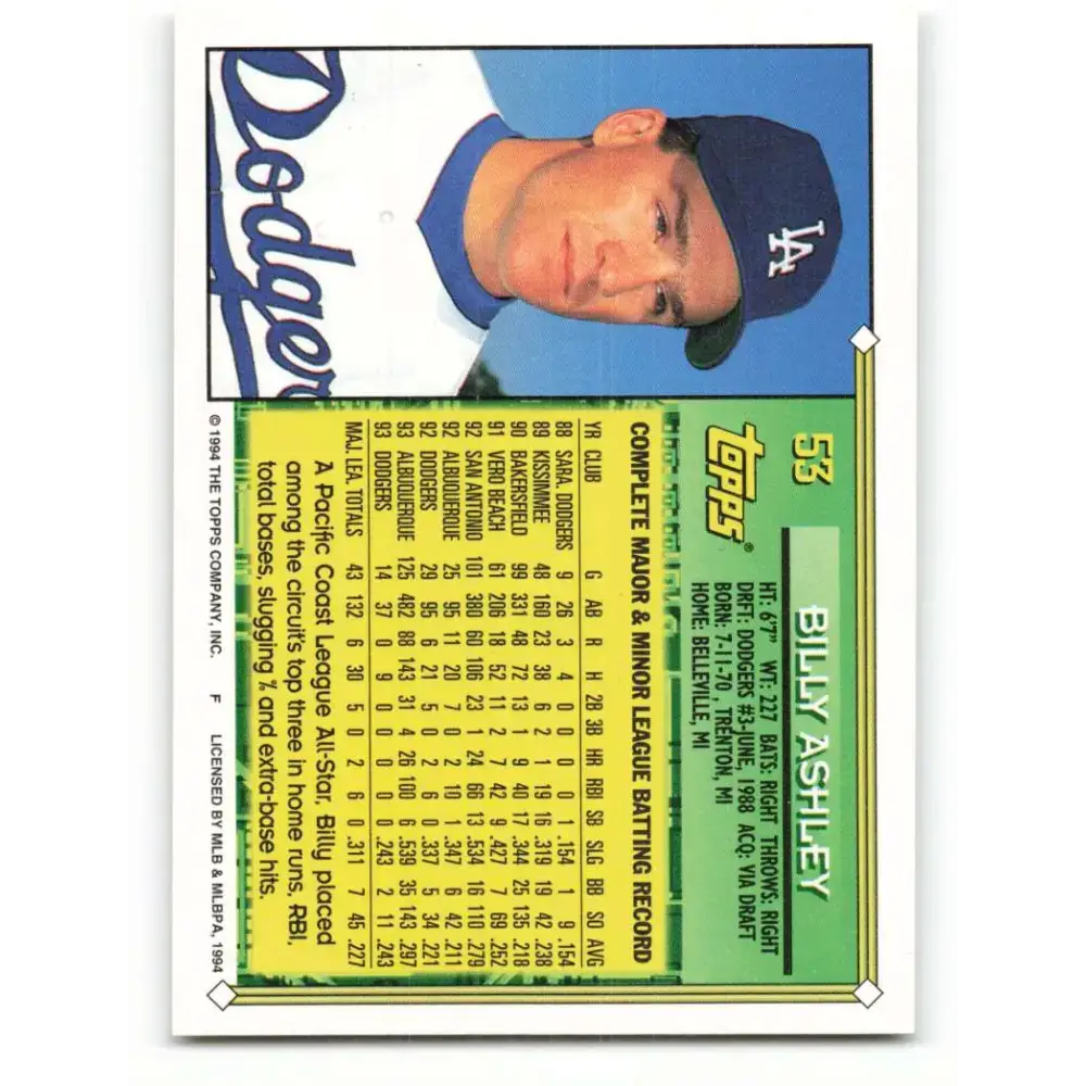 1994 Topps #53 Billy Ashley EX Excellent Los Angeles Dodgers Baseball Card - Baseball Card Single
